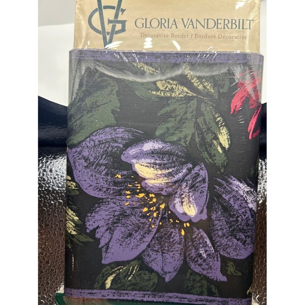 Gloria Vanderbilt Vintage Floral Wallpaper Border Purple Black 15' Dark Academia